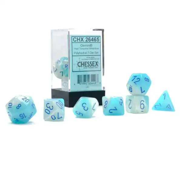 Polyhedral 7-Die Cirrus Chessex Dice Set Aqua with Silver Numbers 
