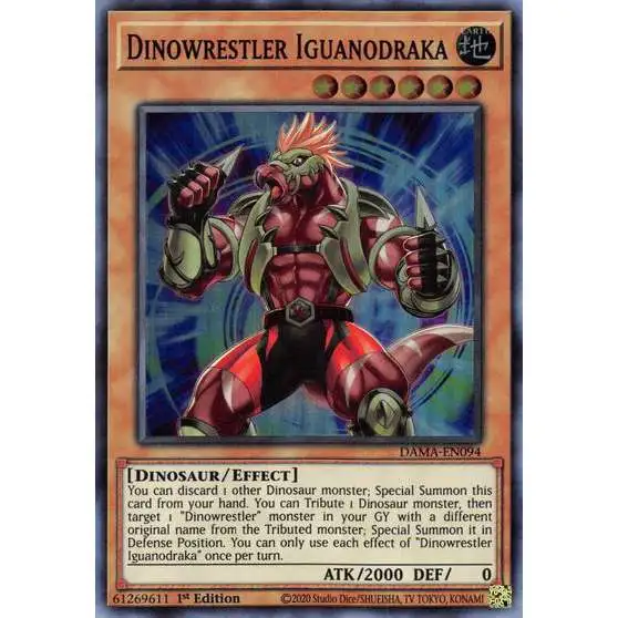 YuGiOh Trading Card Game Dawn of Majesty Super Rare Dinowrestler Iguanodraka DAMA-EN094