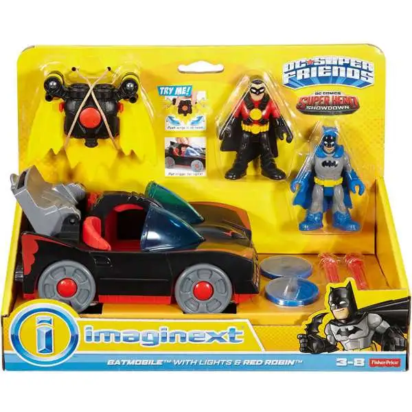 Fisher Price DC Super Friends Imaginext Super Hero Showdown Batmobile with Lights & Red Robin Exclusive 3-Inch Figure Set