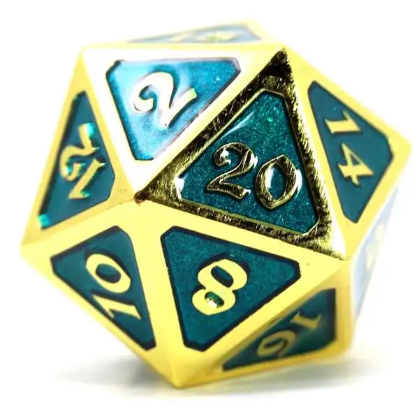 Mythica Dire Gold Aquamarine D20 Metal Polyhedral Die