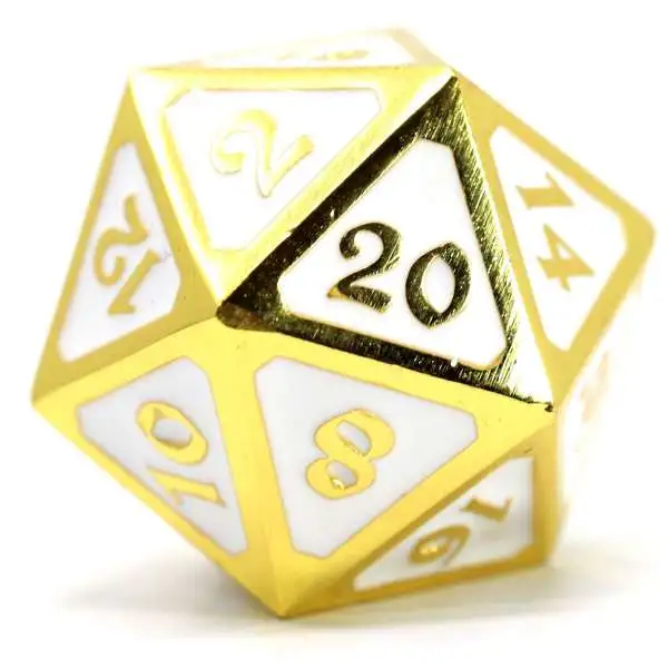 Mythica Dire Shiny Gold White D20 Metal Polyhedral Die