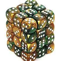 Chessex 6-Sided d6 Gemini 12mm Dice Pack #26825 [Gold-Green & White]
