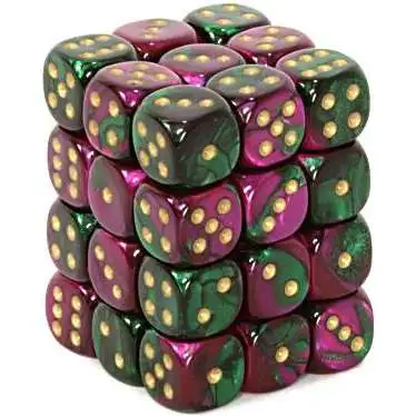 Chessex 6-Sided d6 Gemini 12mm Dice Pack #26834 [Green-Purple & Gold]