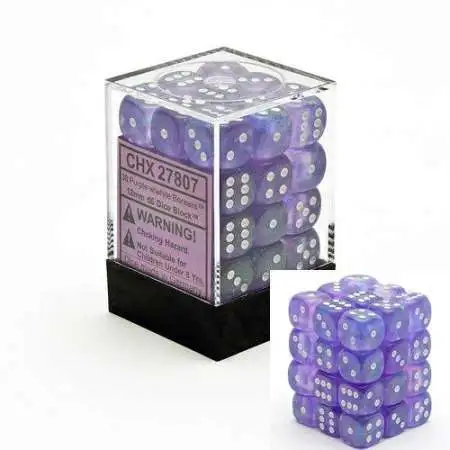 Chessex 6-Sided d6 Borealis 12mm Dice Pack #27807 [Purple & White]