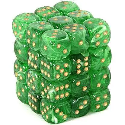 Chessex 6-Sided d6 Vortex 12mm Dice Pack #27835 [Green & Gold]