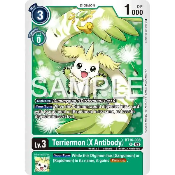 Digimon Trading Card Game Beginning Observer Uncommon Terriermon (X Antibody) BT16-038