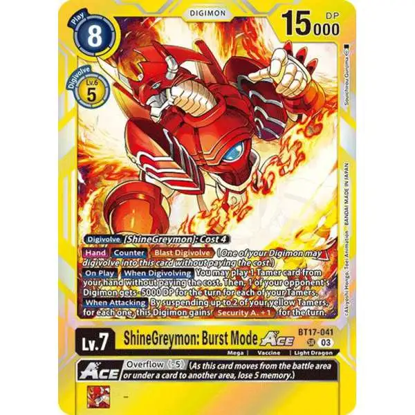 Digimon Trading Card Game Secret Crisis Super Rare ShineGreymon: Burst Mode ACE BT17-041