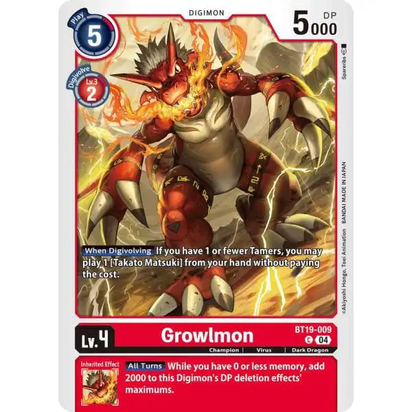 Digimon Trading Card Game Release Special Booster 2.5 Common Growlmon BT19-009