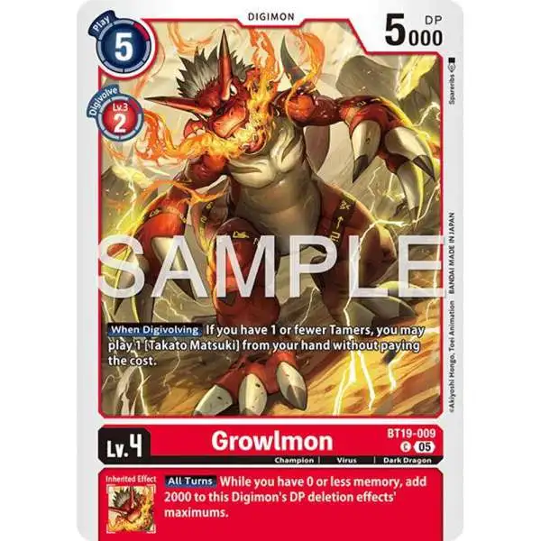 Trading Card Game Advanced Booster Digimon Generation Common Growlmon BT19-009 [Reprint]