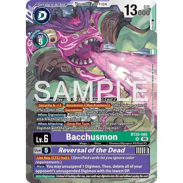 Digimon Trading Card Game Timeless Bonds Super Rare Bacchusmon // Reversal of the Dead BT26-080