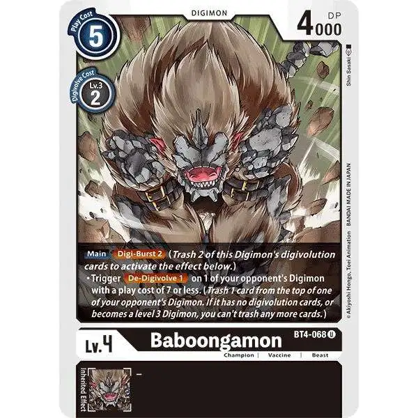 Digimon Trading Card Game Great Legend Uncommon Baboongamon BT4-068