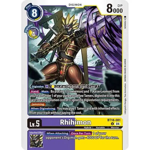 Digimon Trading Card Game Release Special Booster 2.0 Uncommon Rhihimon BT18-081