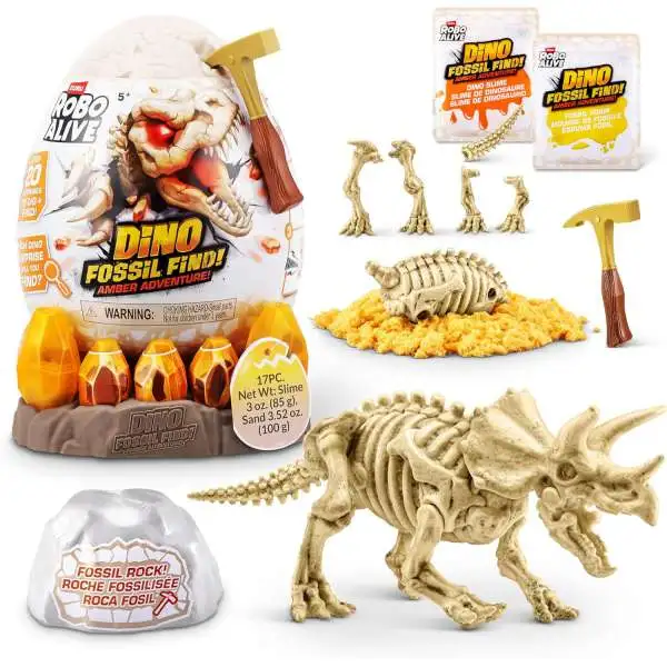 Robo Alive DINO Fossil Find! Amber Adventure TRICERATOPS Pack [Over 20 Surprises!]