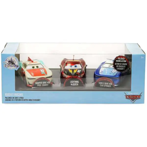 Disney / Pixar Cars Pull 'n' Race Rocket Race Exclusive Diecast Car 3-Pack [Bumper Save #90 Paul Conrev, Lightning McQueen & Triple Dent #31 Cam Spinner, Damaged Package]