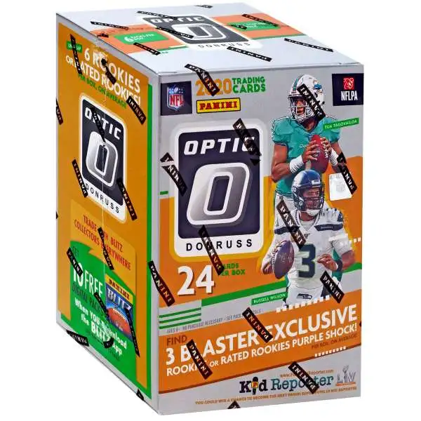 NFL Panini 2020 Donruss Optic Football Trading Card BLASTER Box [6 Packs, 3 Rookies OR Rated Rookies Purple Shock Cards]