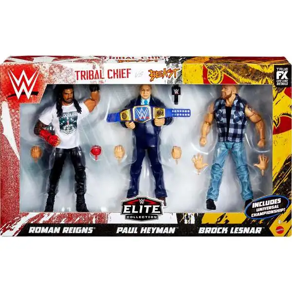 WWE Wrestling Elite Collection Roman Reigns, Paul Heyman, & Brock Lesnar Action Figure 3-Pack [Tribal Chief vs The Beast Incarnate]