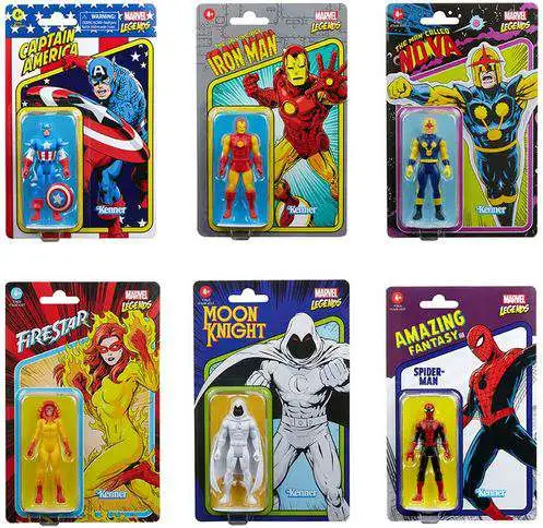 Marvel Legends Retro Collection Captain America, Iron Man, Spider-Man, Nova, Firestar & Moon Knight Set of 6 Action Figures
