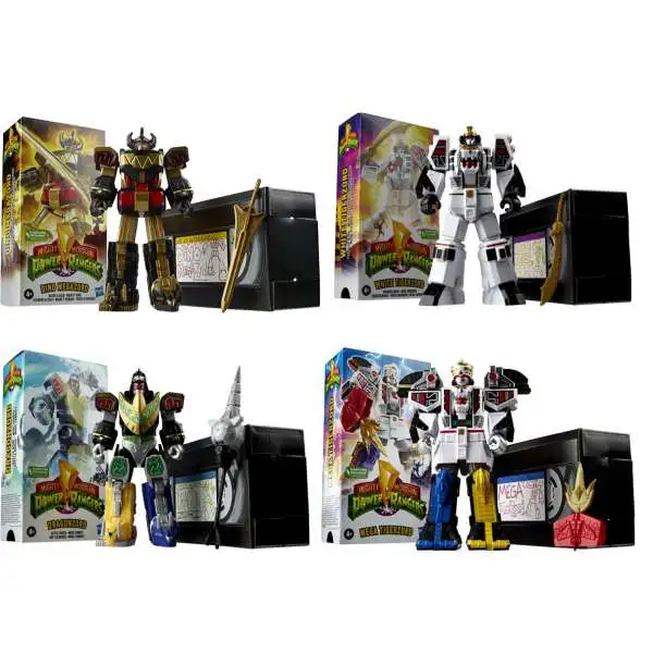 Power Rangers Mighty Morphin Dino Megazord, White Tigerzord, Dragonzord & Mega Tigerzord Set of 4 Action Figures