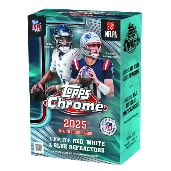 NFL Topps 2025 Chrome Football Trading Card BLASTER Box [7 Packs, Red, White & Blue Refractors!]