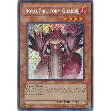 YuGiOh GX Trading Card Game Gladiator's Assault Secret Rare Royal Firestorm Guards GLAS-EN087