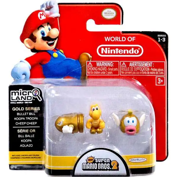 World of Nintendo New Super Mario Bros 2 Micro Land Series 3 Gold Bullet Bill, Koopa Troopa & Cheep Cheep 1-Inch Mini Figure 3-Pack