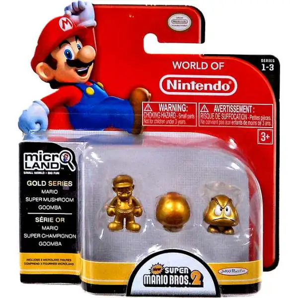 World of Nintendo New Super Mario Bros. U Micro Land Series 3 Gold Mario, Super Mushroom & Goomba 1-Inch Mini Figure 3-Pack