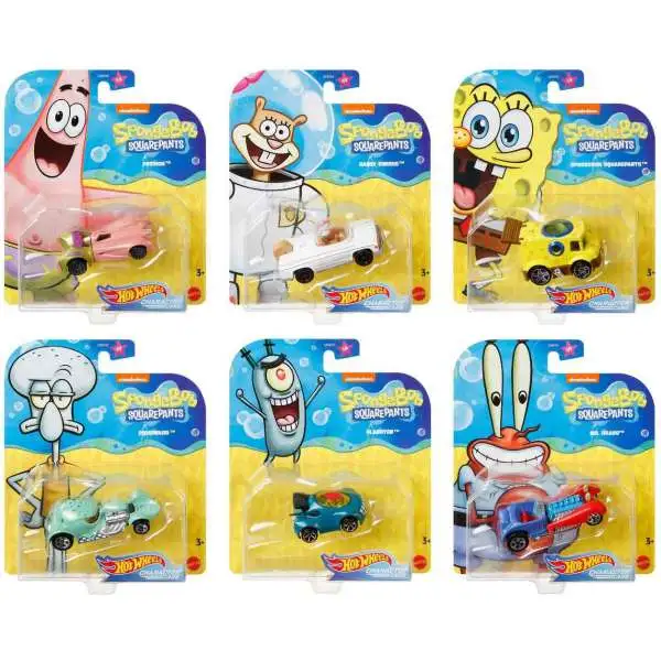 Hot Wheels Spongebob Squarepants Character Cars Mr. Krabs, Spongebob, Squidward, Patrick, Plankton, Sandy Cheeks Lot of 6 Diecast Cars