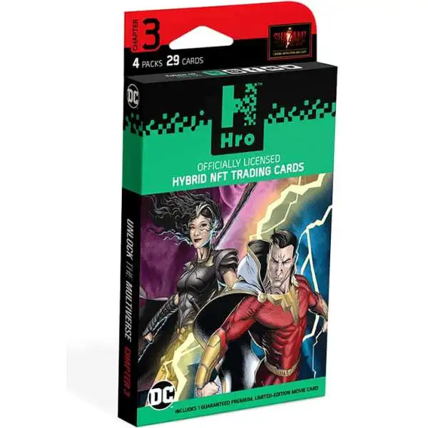 Hro DC Unlock the Multiverse Chapter 3 SHAZAM Hybrid NFT Trading Card PREMIUM 4-Pack [4 Booster Packs]