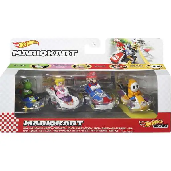 Hot Wheels Mario Kart Mario, Princess Peach, Green Yoshi & Shy Guy Diecast Car 4-Pack