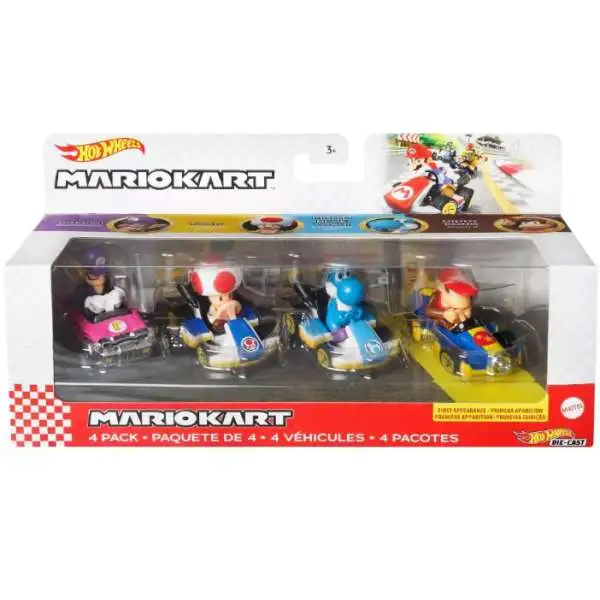 Hot Wheels Mario Kart Waluigi, Toad, Light Blue Yoshi & Donkey Kong Diecast Car 4-Pack
