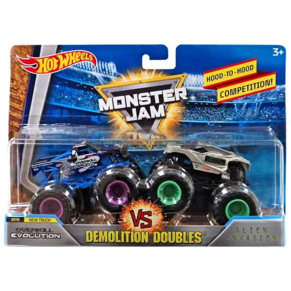 Hot Wheels Monster Jam 25 Demolition Doubles Overkill Evolution & Alien Invasion Diecast Car 2-Pack