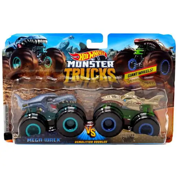 Hot Wheels Monster Trucks Demolition Doubles Mega-Wrex & Leopard Shark Diecast Car 2-Pack [Green/Blue]