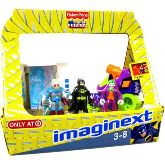 Fisher Price DC Super Friends Imaginext Mr. Freeze with Chamber, Batman & Joker with Motorcycle Exclusive 3-Inch Figure Set