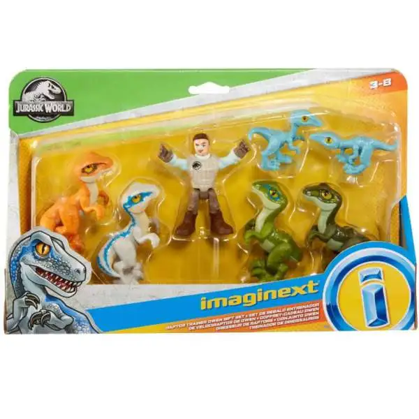 Fisher Price Jurassic World Imaginext Raptor Trainer Owen Exclusive 7-Figure Gift Set [Includes Blue, Charlie, Delta & 2 Compy Dinosaurs!]