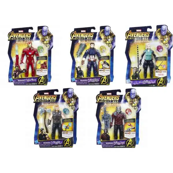 Marvel Avengers Infinity War Iron Man, Cap. America, Black Widow, Thor & Starlord Set of 5 Action Figures [with Stones]