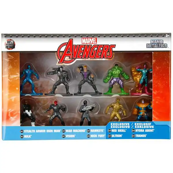 Marvel Avengers Nano Metalfigs Stealth Iron Man, Hulk, War Machine, Vision, Hawkeye, Nick Fury, Red Skull, Ultron, Hyra Agent & Thanos 1.5-Inch Diecast Figure 10-Pack