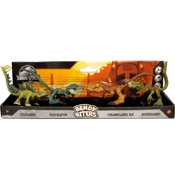 Jurassic World Bendy Biters Stegosaurus, Velociraptor, Tyrannosaurus Rex & Dilophosaurus Mini Figure 4-Pack