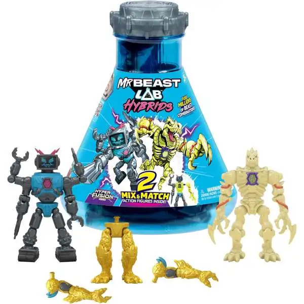 MrBeast Lab Hybrids Hyper Fusion Series Lab-Bot vs GID Skeleton Mystery 2-Pack [2 Mix & Match Figures, Golden Panther Dragon Build a Figure Parts]