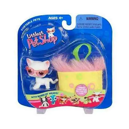 Littlest Pet Shop Portable Pets Cat Figure [White Shorthair with Pink Sunglasses & Carry Case, Damaged Package]