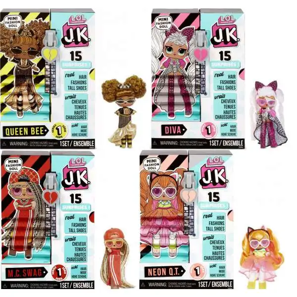 LOL Surprise JK Queen Bee, Diva, M.C. Swag & Neon QT Set of 4 Mini Fashion Dolls