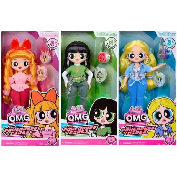 LOL Surprise Powerpuff Girls OMG Blossom, Bubbles & Buttercup Set of 3 Fashion Dolls