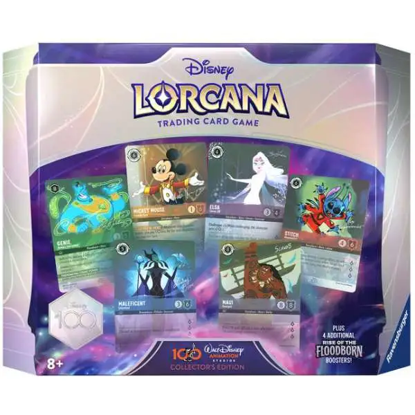 Disney Lorcana Trading Card Game Rise of the Floodborn Disney100 Collector's Edition Gift Set [4 Booster Packs, Foil Card, Oversized Foil Card, 34 Game Tokens & More]