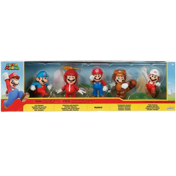 World of Nintendo Super Mario Ice, Propeller, Standing, Tanooki & Fire Marios Exclusive 2.5-Inch Mini Figure 5-Pack
