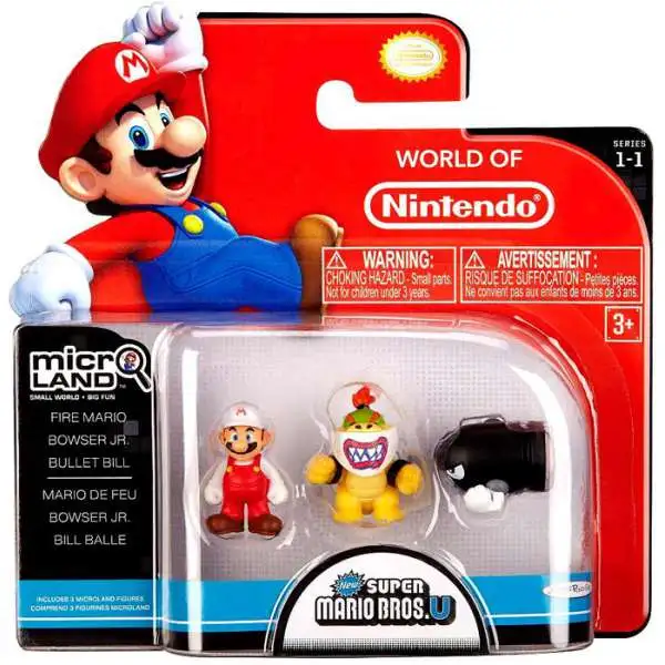 World of Nintendo New Super Mario Bros. U Micro Land Series 1 Fire Mario, Bowser Jr. & Bullet Bill Mini Figure 3-Pack