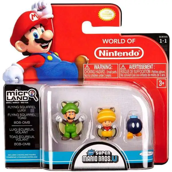 World of Nintendo New Super Mario Bros. U Micro Land Series 1 Flying Squirrel Luigi, Flying Squirrel Toad & Bob-Omb Mini Figure 3-Pack