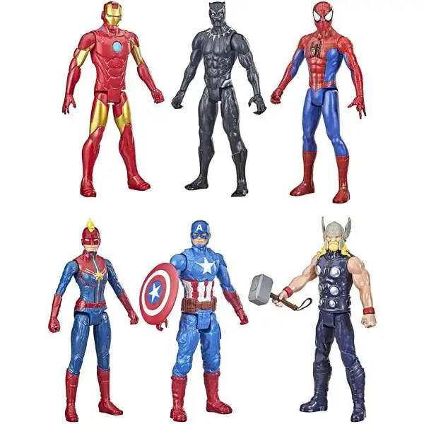Titan Hero Series Spider-Man, Captain America, Iron Man, Thor, Captain Marvel & Black Panther Exclusive Action Figure 6-Pack