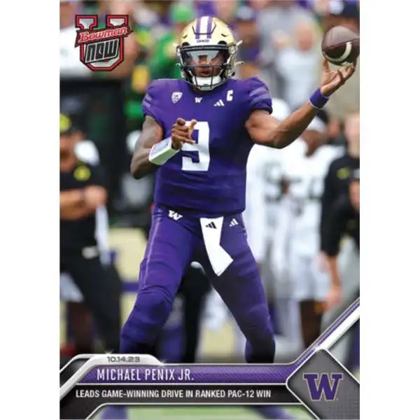 NCAA Washington Huskies 2023 Bowman U NOW Football Michael Penix Jr. #14 [Prospect Card, Leads Game-Winning Drive in ranked PAC-12 Win]