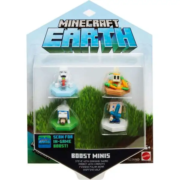 Minecraft Earth Boost Minis Fishing Polar Bear, Snacking Rabbit, Attacking Steve & Seeking Wolf Exclusive Figure 4-Pack