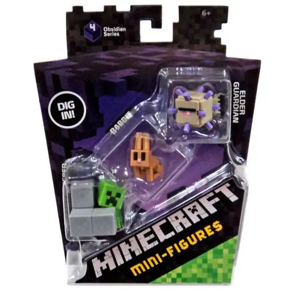 Minecraft Obsidian Series 4 Elder Guardian, Rabbit & Sneaky Creeper Mini Figure 3-Pack