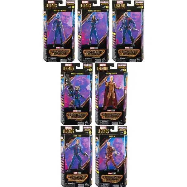 Guardians of the Galaxy Vol. 3 Marvel Legends Cosmo Series Star-Lord, Rocket, Mantis, Nebula, Adam Warlock, Drax & Kraglin Set of 7 Action Figures